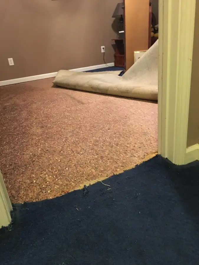 Carpet pad removal revealing water damage during Water Mitigation Services in Palmetto Estates